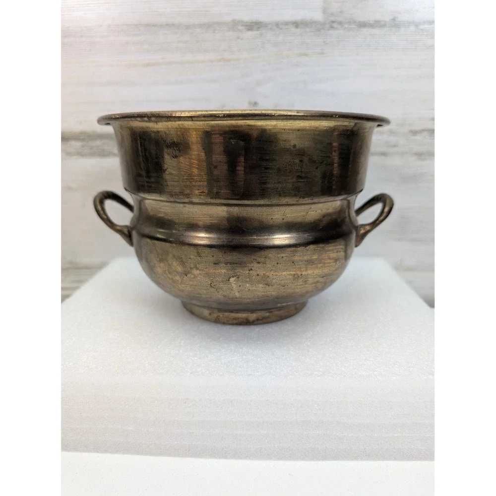 Vintage Solid Brass Two‎ Handle Small Bowl Planter 4x5 In Made In India